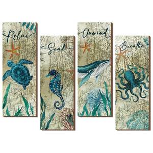 lot 8573 image: Qunclay 4 Pieces Beach Bathroom Decor Wall Sign Ocean Decor Sea Turtle Wall Art Nautical Bathroom Pictures Coastal Octopus Wood Sign Bedroom Art Teal Accessories Kitchen Home Decorations