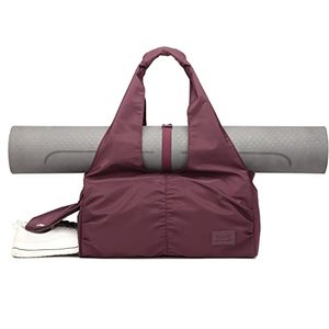 lot 8604 image: Travel Yoga Gym Bag for Women, Carrying Workout Gear, Makeup, and Accessories, Shoe Compartment and Wet Dry Storage Pockets Medium Maroon