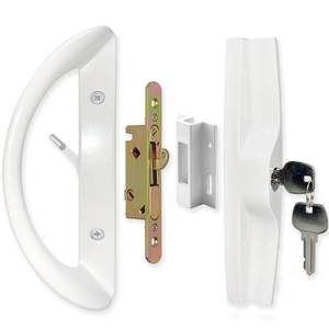 lot 8609 image: ALLYWASAI Patio Sliding Door Handle Set with Mortise Lock, Key Cylinder and Keeper, Replacement Handle Lock Set Fits Door Thickness from 1-12 to 1-34, 3-1516 Screw Hole Spacing, Keyed, White