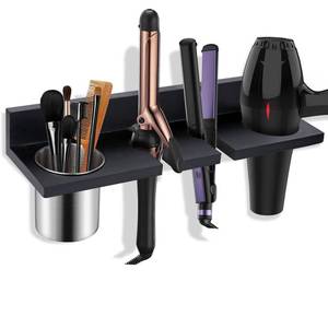 lot 8612 image: Wooden Hair Tool Organizer - Wall Mounted Blow Dryer Holder for Bathroom, Rustic Styling Tools Organizer for Flat Iron, Curling Wand, Straighteners, Brushes, Black