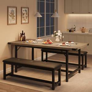 lot 21987 image: IDEALHOUSE 3 Piece Dining Table Set for 4-6, 63 Extendable Kitchen Table and Bench Set for 6, Metal Frame Rectangle Kitchen Table Set with 2 Upholstered Benches for Dining Room, Apartment, Retro Gray - Retail $187.03