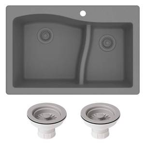 lot 21989 image: KRAUS Quarza 33-inch Drop-InUndermount 6040 Double Bowl Granite Kitchen Sink in Grey, KGD-442GREY - DAMAGED