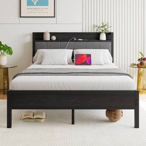 lot 23034 image: BOFENG Full Size Bed Frame with Storage Headboard,Heavy Duty Metal Upholstered Platform Bed Frame Full Size with Charging Station No Box Spring Needed,Strong Steel Slats Support,Noise Free,Black - Retail $177