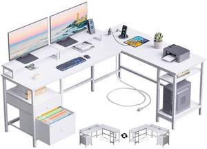 lot 23036 image: Furologee 66 L Shaped Desk with Power Outlet, Reversible Computer Gaming Desk with File Drawer & 2 Monitor Stands for Home Office with Storage Shelves, White - Retail $168.87