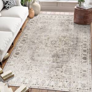 lot 23050 image: ReaLife Machine Washable Area Rug - Living Room Bedroom Bathroom Kitchen Entryway Office - Padded Low Pile Stain Resistant Premium - Boho Farmhouse Vintage - Joy - Beige Ivory 76 x 96 - Retail $234.98