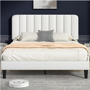 lot 23061 image: VECELO Full Size Bed Frame with Upholstered Headboard, Velvet Platform Bedframe Mattress Foundation, Strong Wood Slat Support, No Box Spring Needed,White