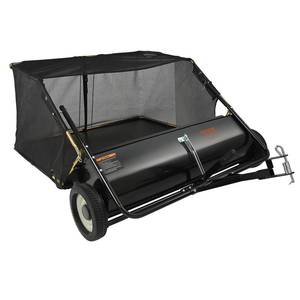 lot 23069 image: VEVOR Tow Behind Lawn Sweeper 50, Pull Behind Lawn Sweeper, 26 cu. ft Large Capacity Leaf & Grass Collector, with Adjustable Sweeping Height and Dumping Rope Design for Picking Up Debris and Grass - Retail $266.14