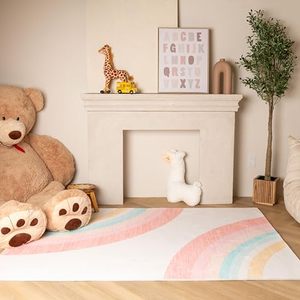 lot 23073 image: RUG BRANCH Soft Steps Playtime 6 x 9 (67 X 96) Non-Toxic, Child and Pet Safe, Rainbow Playmat - Indoor Area Rug for Kids, Pink Cream - Playroom, Nursery, and Children Bedroom - Retail $177.93