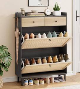 lot 23085 image: Jocoevol Rattan Shoe Cabinet Storage with 2 Flip Drawers & 2 Drawers, Freestanding Narrow Wood Shoe Cabinet with Metal Legs for Entryway Hallway, Light Black - Retail $129.63