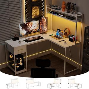 lot 23089 image: Bergoolin L Shaped Gaming Desk with LED Lights & Power Outlets, Reversible L Shape Computer Desk with Storage Drawer & Shelf,2 Person Home Office Corner Desk White - Retail $125.69