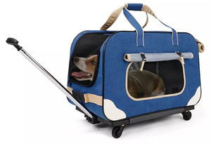 lot 37618 image: Do Do Pet brand folding pet carrier box with wheels and pull handle.