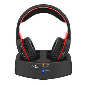 lot 37636 image: WallarGe Wireless Headphones for TV Watching with RF Transmitter Charging Dock, Plug and Play, 100 Ft Wireless Range, Rechargeable 20 Hour Battery (Black with Red)