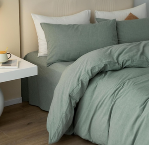 lot 37661 image: JIYUAN 100% Washed Cotton Duvet Cover Set Comfy Simple Style Soft Breathable Textured Durable Linen Feel Bedding for All Seasons Twin, Green
