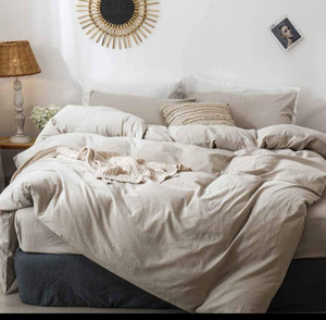 lot 37665 image: MooMee Bedding Duvet Cover Set 100% Washed Cotton Linen Like Textured Breathable Durable Soft Comfy (Tannish Linen Grey, Super Queen)