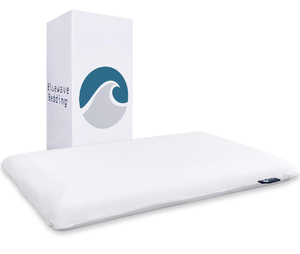 lot 37684 image: Bluewave Bedding Ultra Slim Gel Memory Foam Pillow for Stomach and Back Sleepers - Thin, Flat Design for Cervical Neck Alignment and Deeper Sleep (2.75-Inches Height, Standard Size) Retail $49