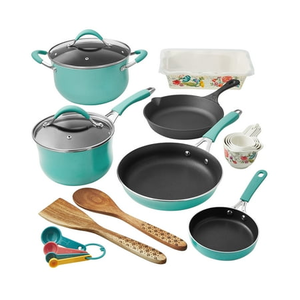lot 2439 image: The Pioneer Woman Blooming Bouquet Aluminum Nonstick 19-Piece Cookware Set, Teal - Retail $129.00