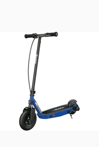 lot 7128 image: Razor Black Label E100 Electric Scooter - Blue for Kids Ages 8 and up to 120 lbs 8 Pneumatic Front Tire Up to 10 mph & up to 35 mins of Ride Time 90W Power Core High-Torque Hub Motor - Retail $158.00
