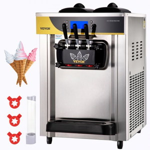 lot 8095 image: VEVOR Commercial Ice Cream Maker, 22-30LH Yield, 2200W Countertop Soft Serve Machine w 2x6L Hopper 2L Cylinder LCD Panel Puffing Shortage Alarm, Frozen Yogurt Maker for Restaurant Snack Bar, Silver - Retail $1,216.99