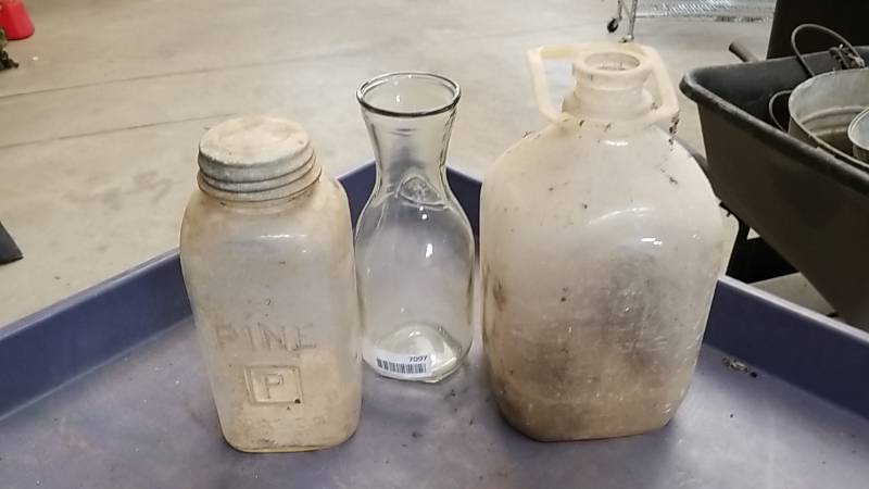 lot 7097 image: Old Milk Jug- Bottle and Pine Mason Jar