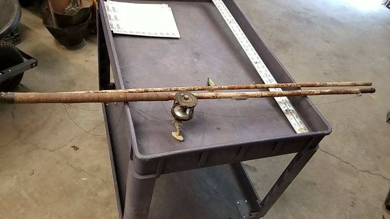 lot 7133 image: Vintage Surf Style Fishing Pole and Reel-  Wood-  Bamboo