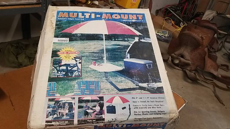 lot 7155 image: Tailgating Kit- Fits in Receiver Hitch- Table and Umbrella  FUN