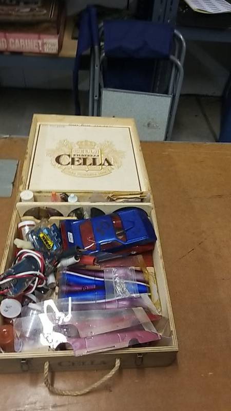 lot 7159 image: Cool Wooden Box with RC Car Parts Including Controller
