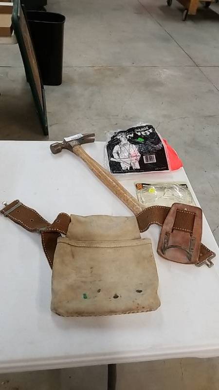 lot 7200 image: Large Hammer and Tool Belt- Safety Vest Too
