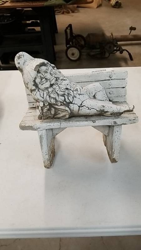 lot 7228 image: Cement Garden Gnome Chilling On Bench- 2 Piece  Heavy Pieces