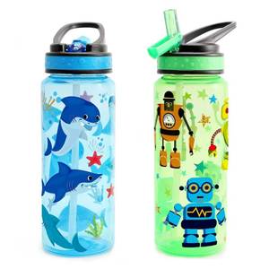 lot 10414 image: Home Tune 23oz Kids Water Drinking Bottle 2 Pack - BPA Free, Flip Straw Lid Cap, Lightweight, Carry Handle, Leak-Proof Water Bottle with Cute Design For Girls & Boys - Shark & Robot