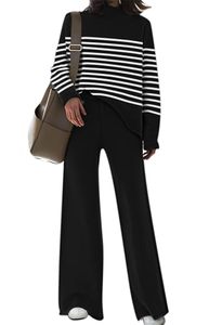 lot 10423 image: Fixmatti Women Striped Lounge Set High Neck Sweater Top Matching Wide Leg Knit Pants 2 Piece Outfits Black And White L