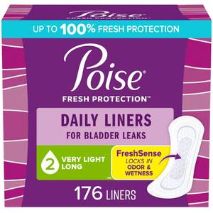 lot 10432 image: Poise Daily Liners, Incontinence Panty Liners, 2 Drop Very Light Absorbency, Long Length, 176 Count of Pantiliners (4 Packs of 44), Packaging May Vary