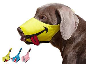 lot 10437 image: N32 FOOTPET Dog Muzzle, Smiley Face Muzzle with Soft Breathable Air Mesh Nylon, Anti Biting Barking Chewing, Adjustable Dog Mouth Cover for Medium, Large, Extra Large Dogs (Yellow, XL)