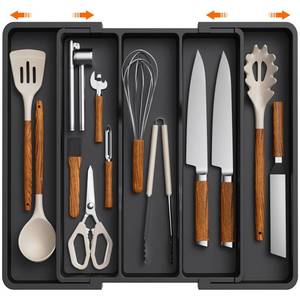 lot 10441 image: Lifewit Utensil Organizer for Kitchen Drawers, Expandable Cooking Utensil Tray, Adjustable Cutlery Silverware Flatware Holder, Plastic Kitchen Spatula Tools and Gadgets Storage Divider, Large, Black