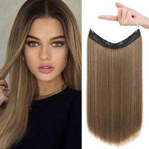 lot 10451 image: REECHO Invisible Wire Hair Extensions with Transparent Headband Adjustable Size Removable Secure Clips in Straight Secret Hairpiece for Women (16 Inch (Pack of 1), Light Ash Brown with Highlights)
