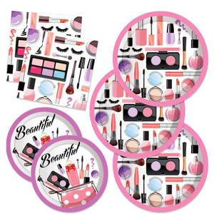 lot 10481 image: CC HOME Spa Makeup Birthday Paper Plates Napkins Cosmetic Disposable Tableware Set Party Supplies Spa Makeup Theme Dinnerware for Audlts Kids Baby Shower Birthday