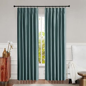 lot 10488 image: Central Park Teal Blue Pinch Pleat Full Blackout Window Curtain for Bedroom Living Room Luxury Silk Panels with Blackout Liner Backtab Drapes with 9 Hooks (Ring not Include), 38x95, 1 Panel
