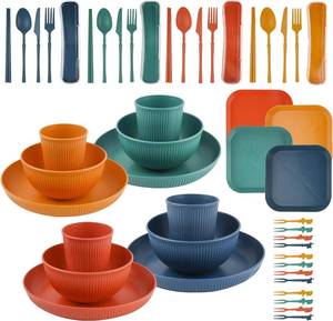 lot 10602 image: Wheat Straw Dinnerware Sets, Unbreakable Plastic Plates and Bowls Sets, Dinner Sets for 4 People, Travel Picnic Camping Cutlery Set, Home Party Cutlery Set, Dishwasher Microwave Safe Dishes