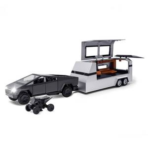 lot 10616 image: Cybertruck Model 124 Diecast Metal Pick-Up Truck Trailer Toy with Motorcycle with Lights and Sounds for Boys, Ages 3 and Up (Gray, Pickup Trailer with RV)