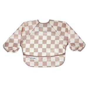 lot 10624 image: Tiny Twinkle Mess Proof Baby BibWaterproof Smock Bib for Eating,Machine Washable Full Sleeve with Pocket(Checkers Brown, Small 6-24 Months)