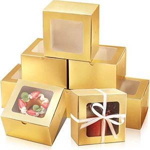 lot 10683 image: Thenshop Bakery Boxes with Window 6 x 6 x 4 Inch Small Treat Containers Cookie Pastry Boxes Mini Cake Containers for Cookies, Pastry, Cupcakes, Dessert, Pie, Muffin, Donuts(Gold)