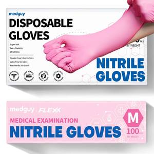 lot 10690 image: Medguy Nitrile Exam Gloves, Powder-Free Latex-Free Food Safe Non-Sterile 4.5 Mil Disposable Medical Glove, Pink 100 Pcs (Medium)