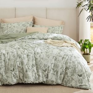 lot 10807 image: Bedsure Floral Comforter Set King Size - 100% Cotton Fabric with Microfiber Inner Fill, Sage Green Bedding Comforter Set, 3 Pieces, 1 Soft Reversible Botanical Flower Comforter and 2 Pillow Shams - Retail $77.85