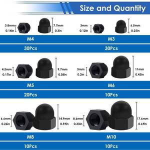 lot 76546 image: smseace 6-Sizes Hex Acorn Cap Nuts Assortment Kit - M3 M4 M5M6M8M10 Bolt Cover Caps for Protection, Indoor and Outdoor Nylon Screw Covers