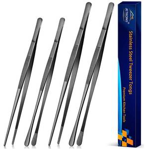 lot 76550 image: JETKONG 4 Pcs Kitchen Tweezers Professional Stainless Steel Cooking Tweezers Set, Black Kitchen Food Tweezer Tongs for Cooking, Repairing, and BBQ (1012-Inch, Black)
