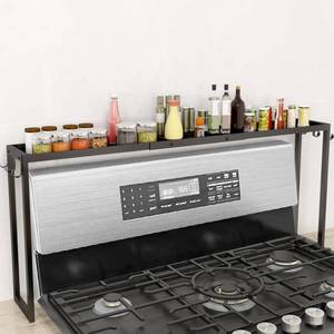 lot 76555 image: STWWO Over the Stove Shelf, 31.5 Stove Top Shelf Spice Rack, Kitchen Countertop Organizer with 6 Hooks, Seasoning Organizer, Black