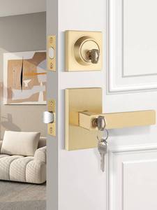 lot 76588 image: EHOMEWARE Gold Entry Door Handle with Single Cylinder Deadbolt, Brass Interior Door Handles with Deadbolt Door Lock, Heavy Duty Entry Door Knob with Lock and Keys, Reversible for RightLeft Handed