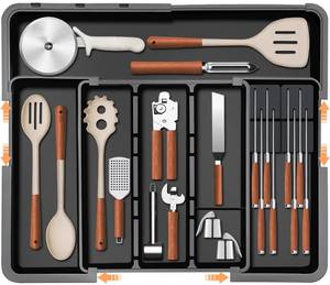 lot 10000 image: Homecor Utensil Drawer Organizer, Large Expandable Silverware Organizer for Kitchen Drawer, Cooking Utensils Tray Cutlery Flatware Holder with Removable Knife Blocks, Kitchen Gadgets Storage, Black