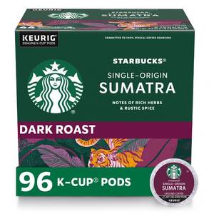 lot 10020 image: Starbucks K-Cup Coffee Pods, Dark Roast Coffee, Sumatra for Keurig Brewers, 100% Arabica, 4 boxes (96 pods total)
