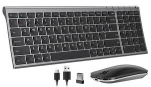 lot 10023 image: seenda Rechargeable Wireless Keyboard Mouse, Ultra Thin Low Profile Wireless Keyboard and Mouse with Number Pad, Quiet Portable Combo Compatible for Windows XP78101111 Pro, Black and Grey