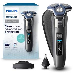 lot 10025 image: Philips Norelco Shaver 7300, Rechargeable Wet & Dry Electric Shaver with SenseIQ Technology, Pop-up Trimmer, Charging Stand, Click-on Nose Trimmer, & Travel Case, S788792 - Retail $125.34